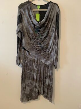 Women's Grey High-Low Custom Print Dress with Draped Neckline